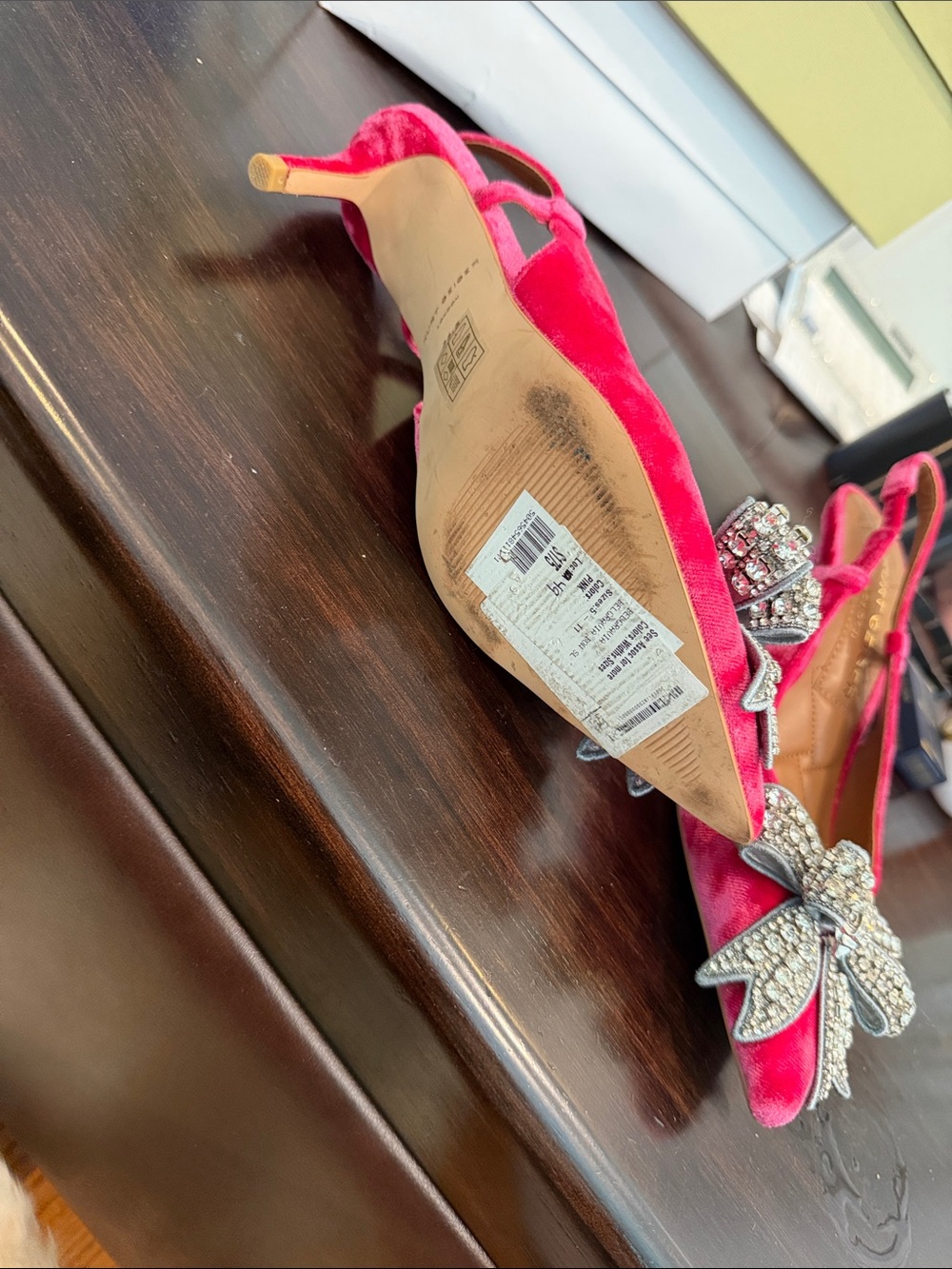 Kurt Geiger Hot Pink Velvet Slingback Flats with Crystal Bow - Picture 3 of 7
